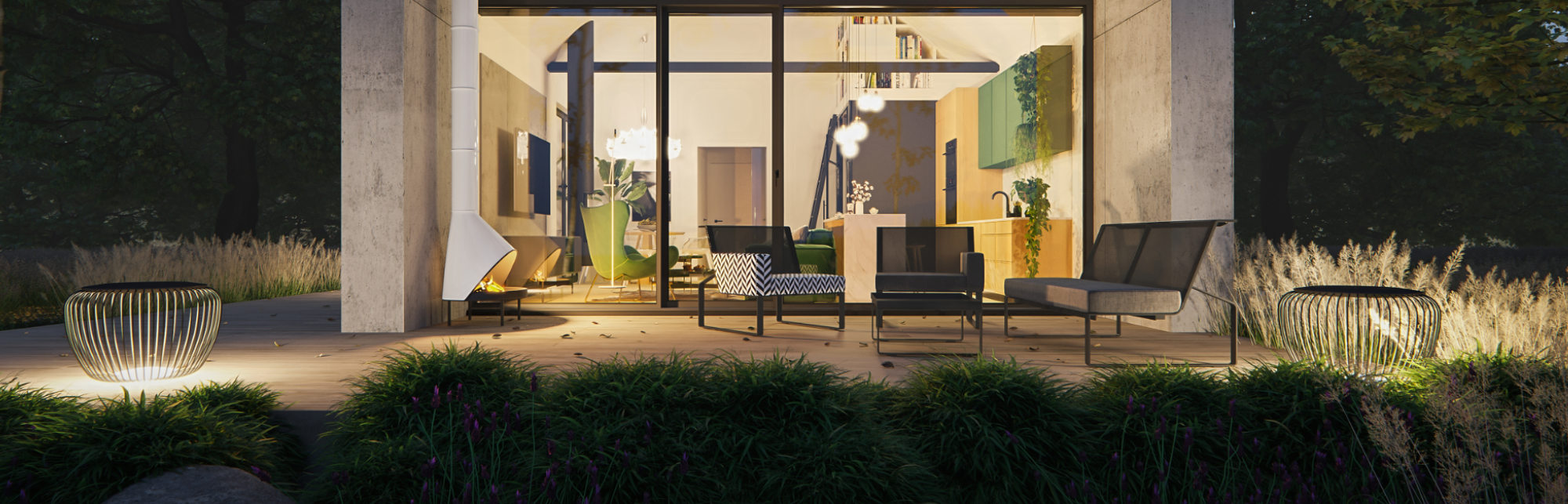 Modern modular home at night