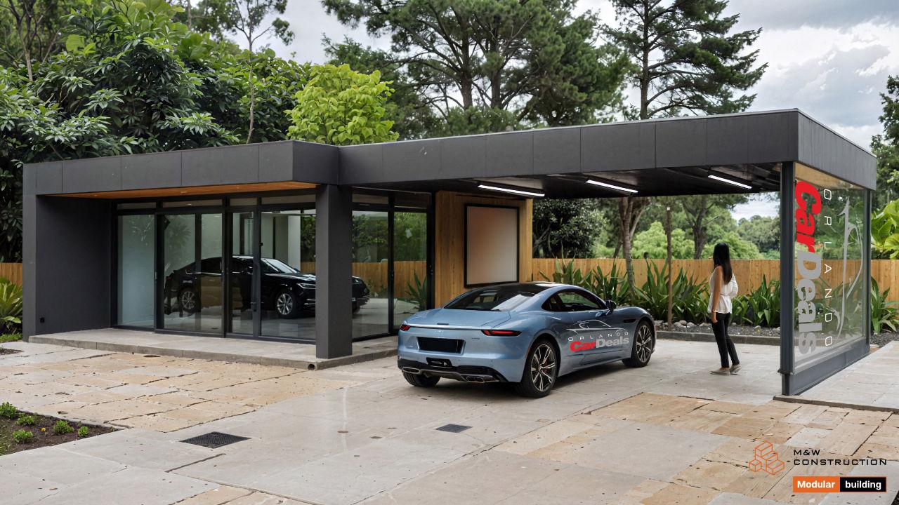 Mini salon samochodowy 72 m² — pawilon modułowy M&W Construction