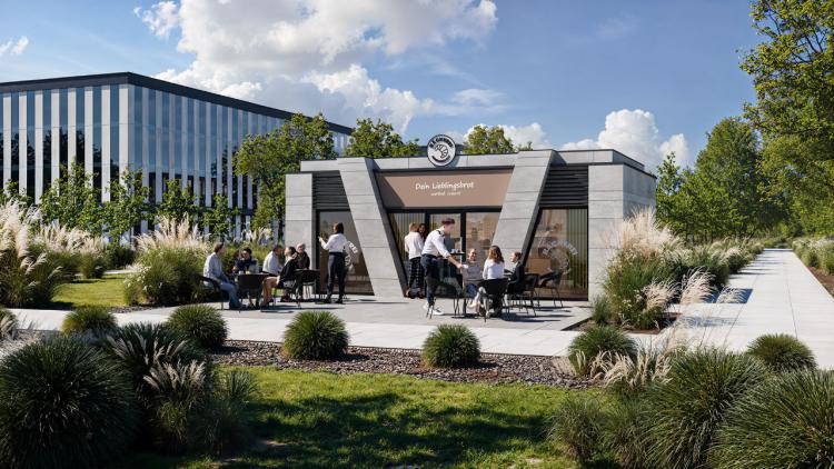Modularer Gastronomie-Pavillon – moderne Bäckerei mit Café, 72 m2 