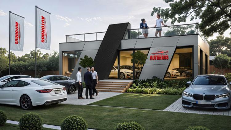 Automobil-Showroom mit Dachterrasse – Moderner Modulpavillon der Serie ZEZ mit 72 m² Fläche