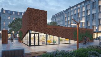 High Cube – Visualisierung des Ausstellungspavillons, Fassade aus Cortenstahl - Ansicht 2