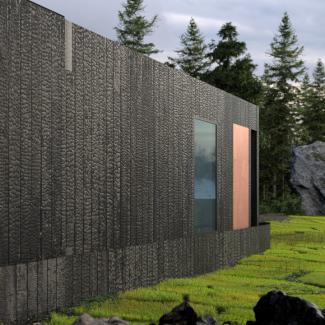 Shou Sugoi Ban 70 m2, Die Wandverkleidung des Moduls besteht aus geflammten Holz mit der japanischen Shou Sugi Ban Technik.