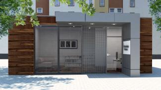 ZEZ PRO 60 m2 Rombo, Visualisierung eines Ausstellungscontainers mit Holzfassade - 2