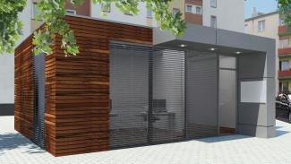 ZEZ PRO 60 m2 Rombo, Visualisierung eines Ausstellungscontainers mit Holzfassade - 3