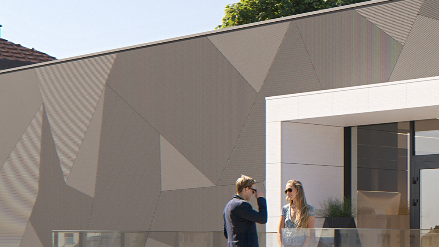 Büropavillon, Modulbau, Fassade Equitone, Visualisierung